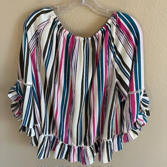 Fever Women's Off The Shoulder Multicolor Striped Tunic Blouse Flutter Sleeve LG - Picture 8 of 8